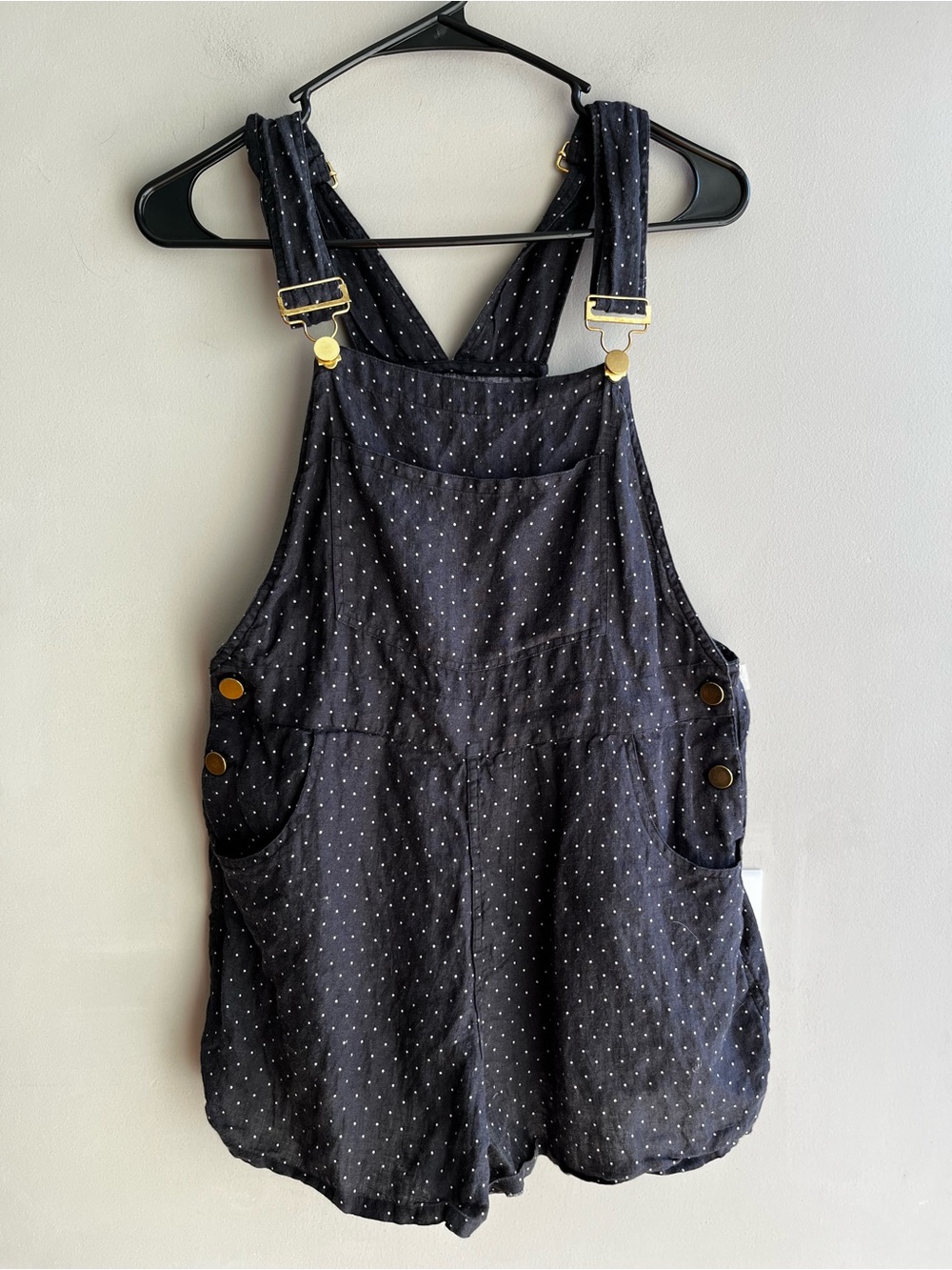 WeWoreWhat Navy Polka Dot Short Overalls with Gold Hardware